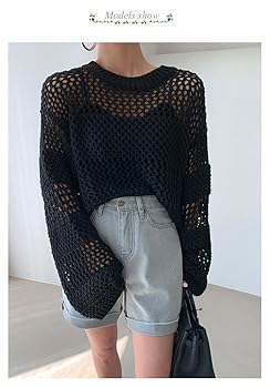 【美品】ELLIE シースループルオーバー BLACK She's Closet ニット セーター 透かし編み長袖ショート丈シアー